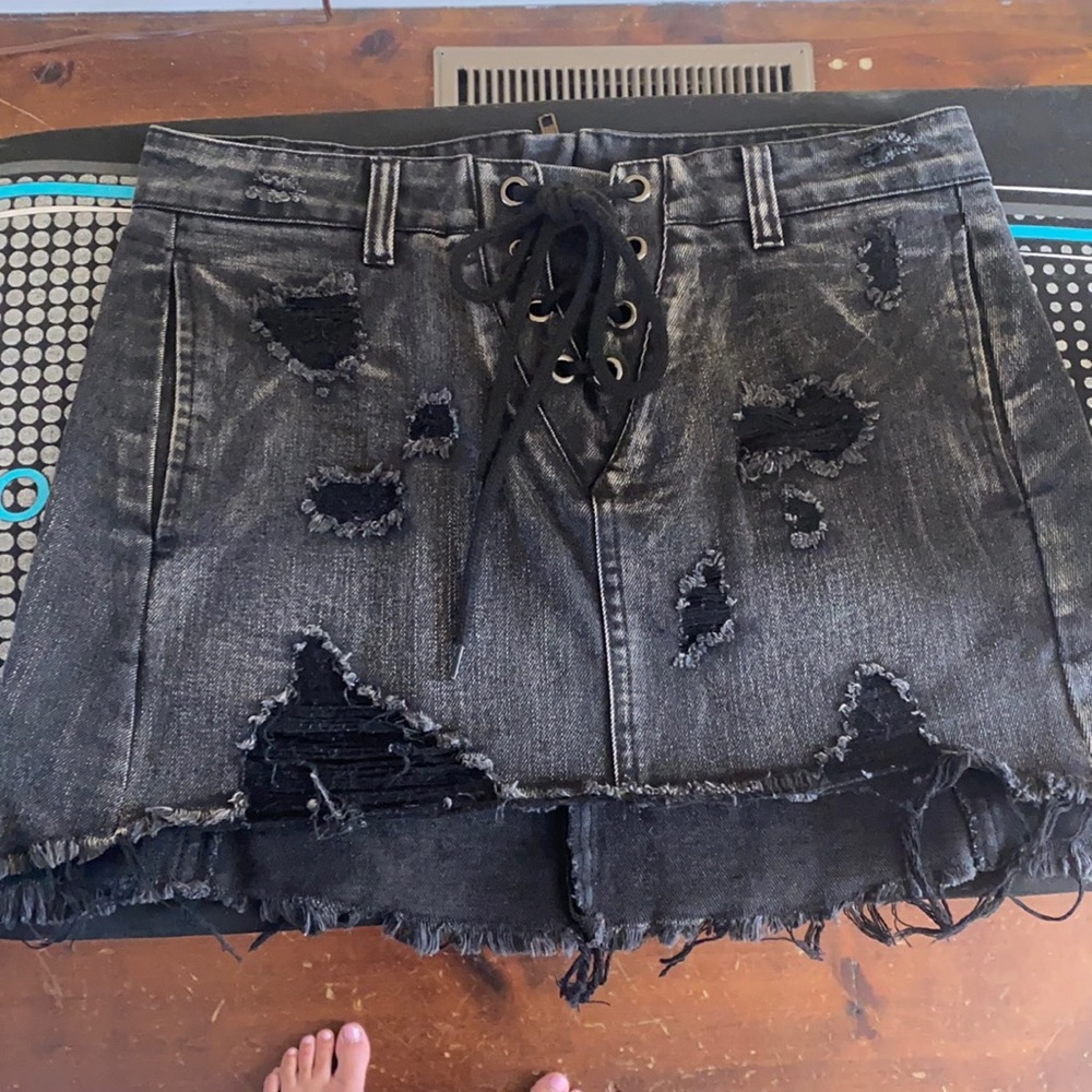 Black denim mini skirt
